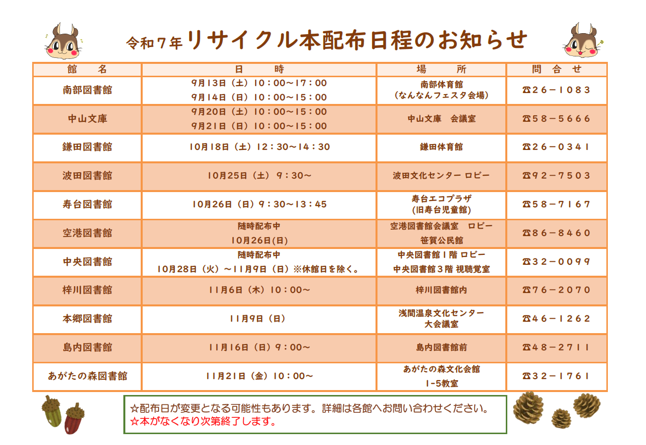 松本市図書館リサイクル本配布予定