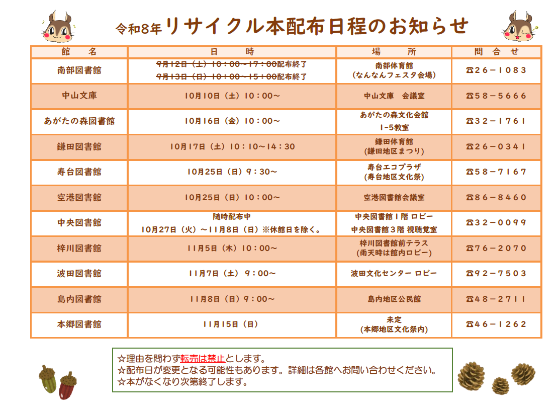 令和8年度の松本市図書館リサイクル本配布日程です。